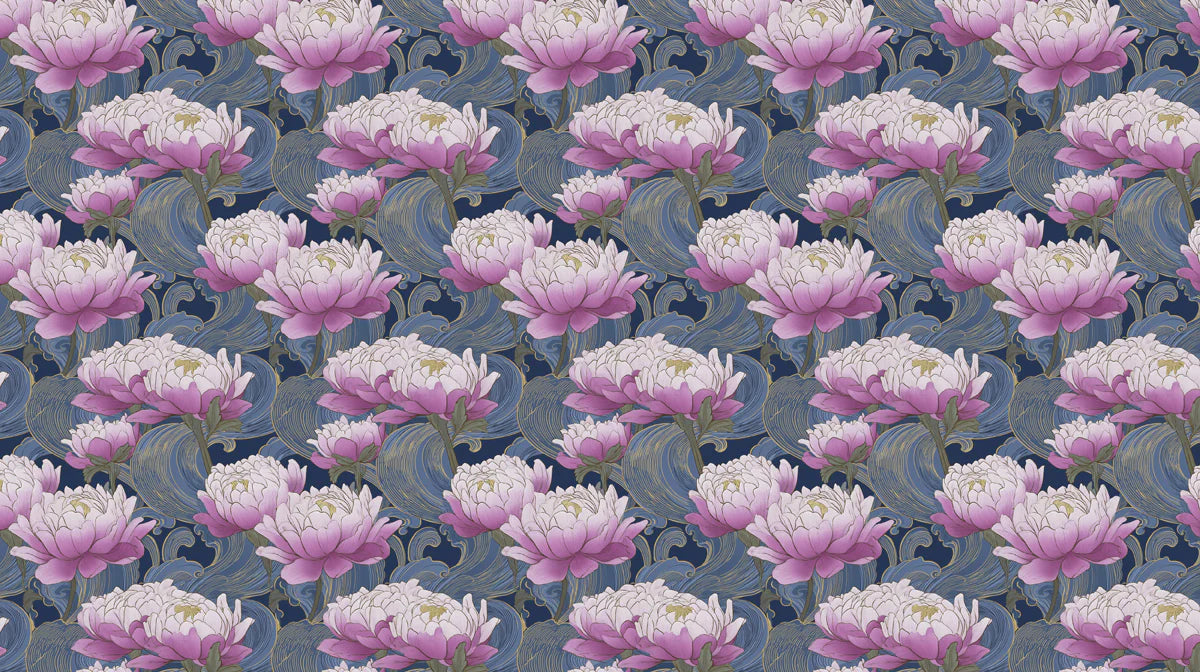 Chinoiserie Lotus Wave Mural Wallpaper — Artistic Floral Decor Mural Wallpaper - room preview 04