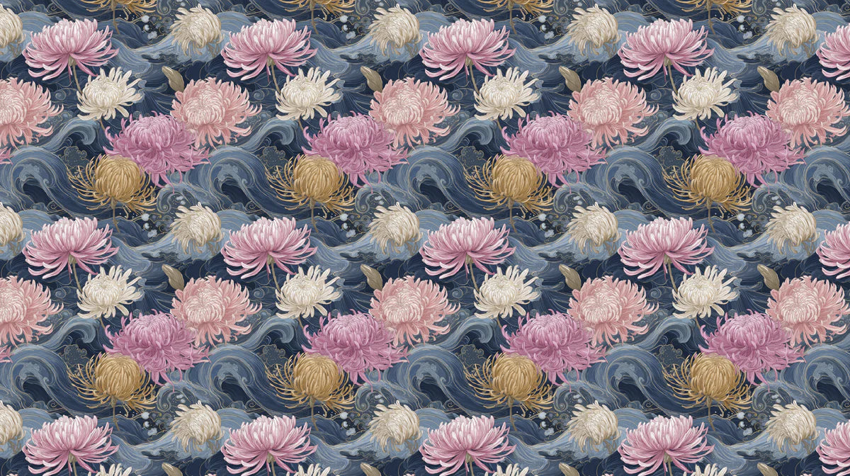 Japanese Chrysanthemum and Wave Mural Wallpaper — Navy and Pink Mural Wallpaper - room preview 04
