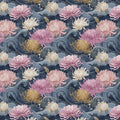 Japanese Chrysanthemum and Wave Mural Wallpaper — Navy and Pink Mural Wallpaper - room preview 04