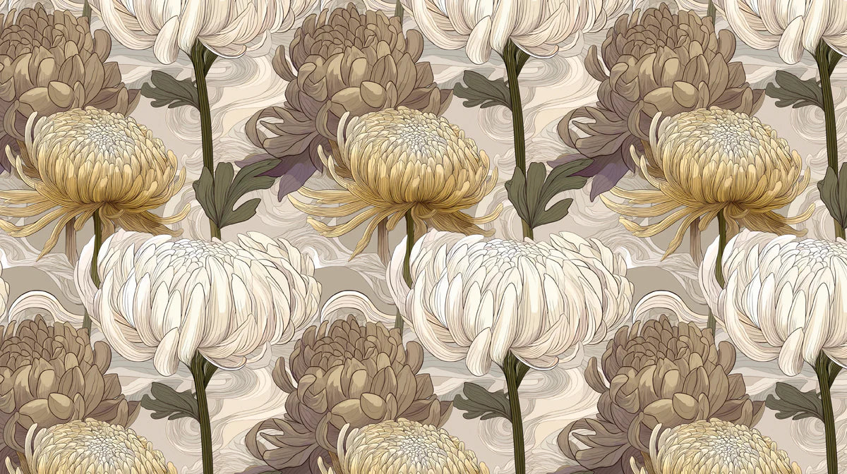 Oriental Chrysanthemum Floral Mural Wallpaper — Vintage Style Mural Wallpaper - room preview 04