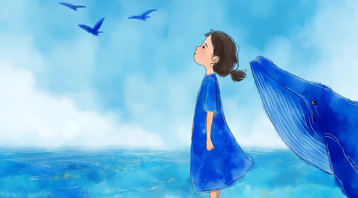 Dreaming Girl and Whale Mural Wallpaper — Whimsical Blue Scene Mural Wallpaper - room preview 04