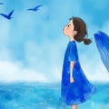 Dreaming Girl and Whale Mural Wallpaper — Whimsical Blue Scene Mural Wallpaper - room preview 04
