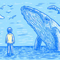 Nautical Whale Sketch Mural Wallpaper — Hand-Drawn Blue Marine Art Mural Wallpaper - room preview 04