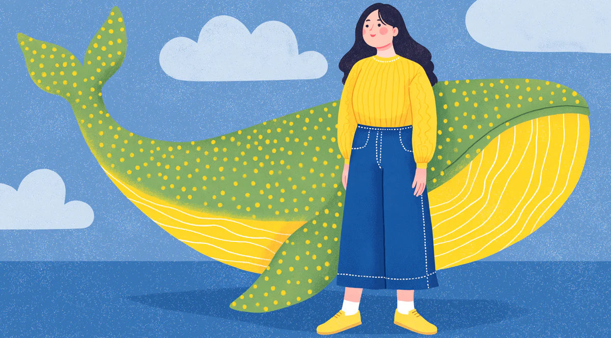 Woman & Spotted Whale Mural Wallpaper — Modern Art Illustration Mural Wallpaper - room preview 04