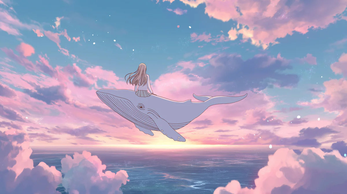 Flying Whale Anime Mural Wallpaper — Dreamy Twilight Sunset Mural Wallpaper - room preview 04
