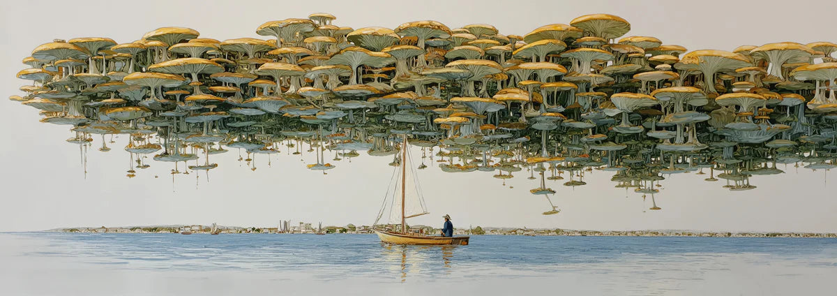 Floating Mushroom Forest Mural Wallpaper — Whimsical Coastal Scene Mural Wallpaper - room preview 04