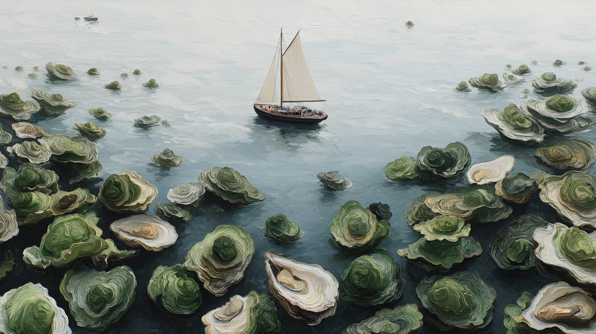 Sailboat and Oyster Shells Mural Wallpaper — Impressionist Seascape Mural Wallpaper - room preview 04