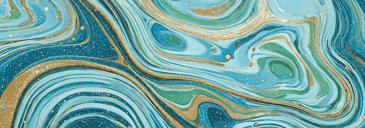 Fluid Marble Swirl Mural Wallpaper in Teal and Gold Mural Wallpaper - room preview 04