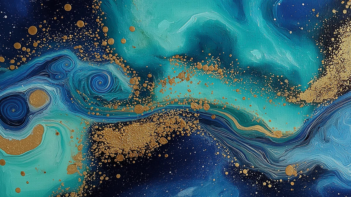 Cosmic Nebula Mural Wallpaper — Fluid Teal and Gold Swirls Mural Wallpaper - room preview 04