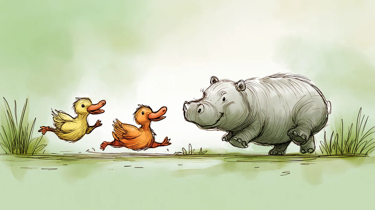 Running Hippo and Duck Friends Mural Wallpaper — Whimsical Storybook Mural Wallpaper - room preview 04