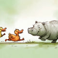 Running Hippo and Duck Friends Mural Wallpaper — Whimsical Storybook Mural Wallpaper - room preview 04