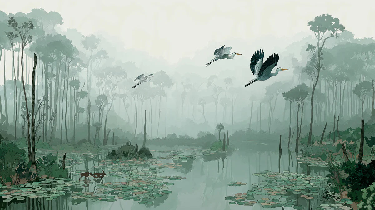 Misty Wetland Heron Mural Wallpaper — Calm Nature Illustration Mural Wallpaper - room preview 04