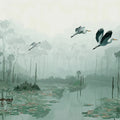 Misty Wetland Heron Mural Wallpaper — Calm Nature Illustration Mural Wallpaper - room preview 04