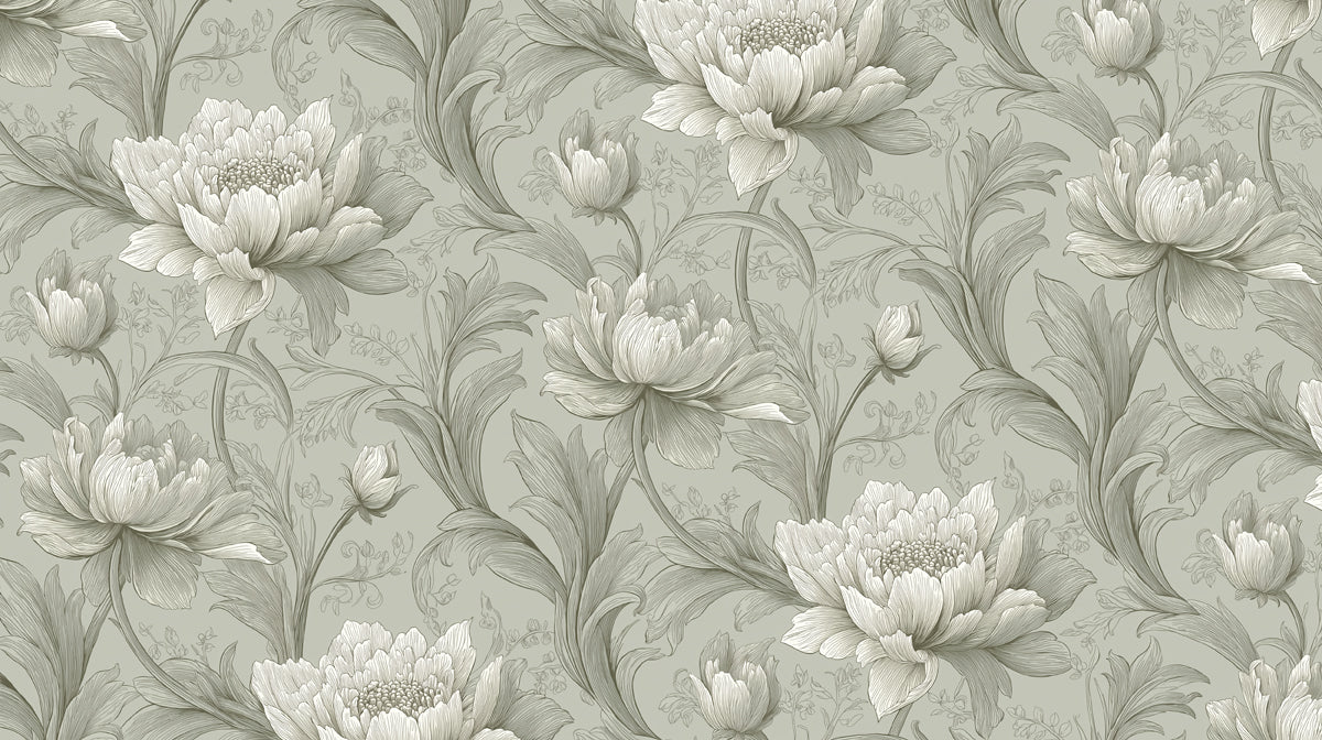 Classical Peony Mural Wallpaper — Sage Green Botanical Art Mural Wallpaper - room preview 04