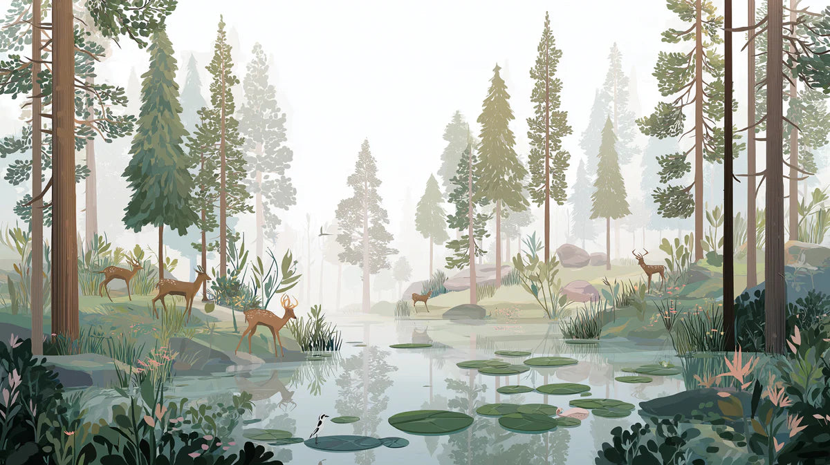 Misty Woodland Deer Mural Wallpaper — Earthy Forest Landscape Mural Wallpaper - room preview 04