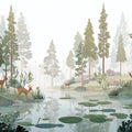 Misty Woodland Deer Mural Wallpaper — Earthy Forest Landscape Mural Wallpaper - room preview 04