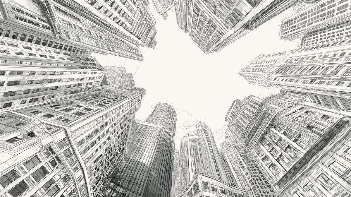 Metropolis Sketch Mural Wallpaper —Architectural Worm's-Eye View Mural Wallpaper - room preview 04