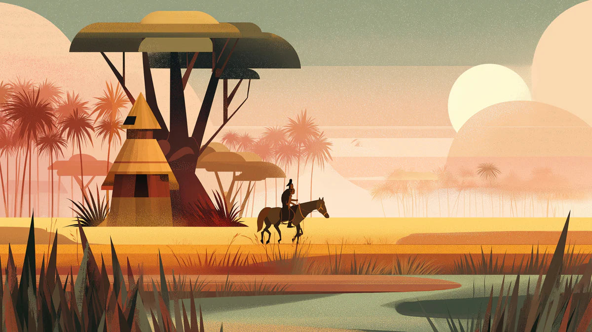 African Savanna Sunset Mural Wallpaper — Retro Illustration Mural Wallpaper - room preview 04
