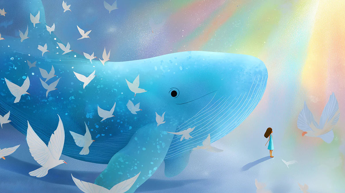 Dreamy Whale and Flying Birds Mural Wallpaper — Whimsical Illustration Mural Wallpaper - room preview 04