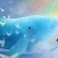 Dreamy Whale and Flying Birds Mural Wallpaper — Whimsical Illustration Mural Wallpaper - room preview 04