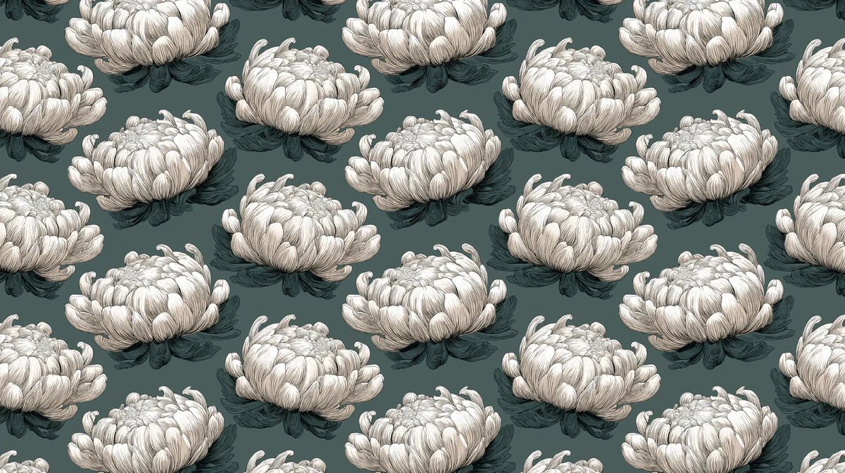 Vintage Chrysanthemum Mural Wallpaper — Botanical Dark Academia Mural Wallpaper - room preview 04
