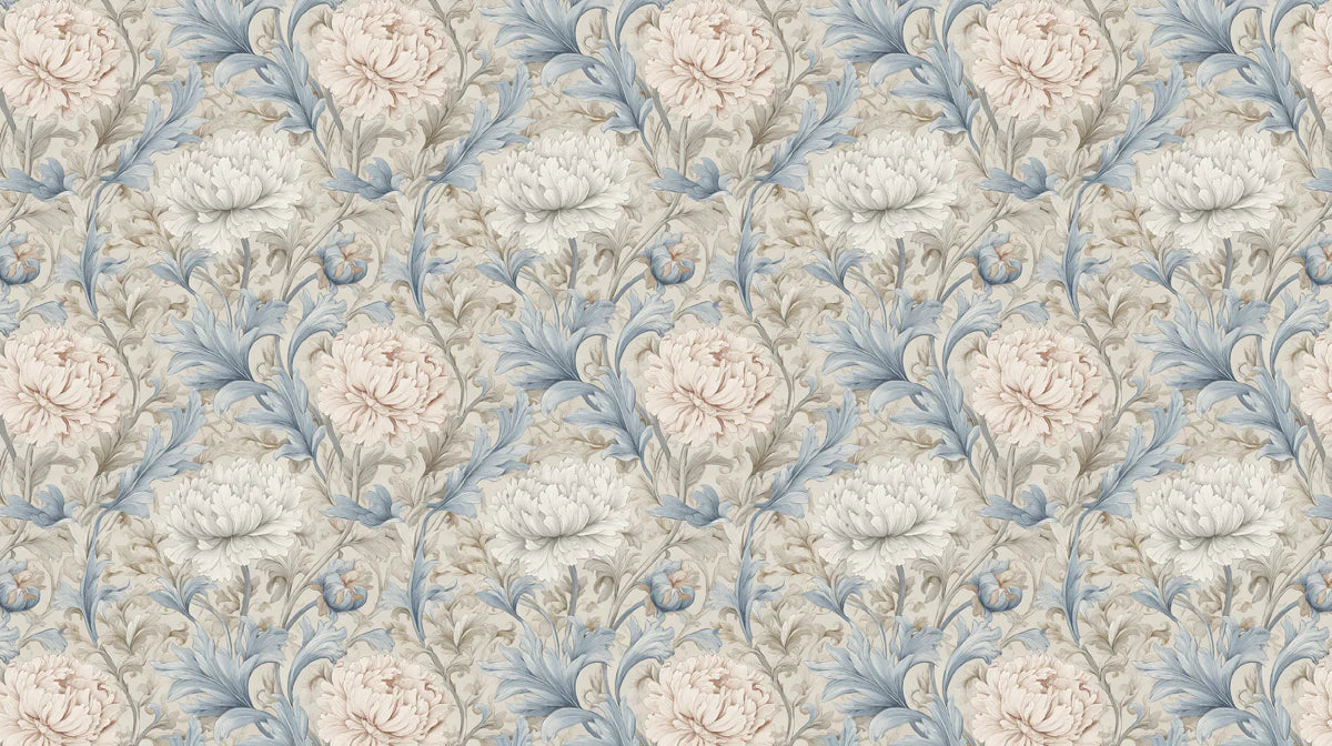 Victorian Peony Mural Wallpaper — Soft Blue and Cream Floral Mural Wallpaper - room preview 04