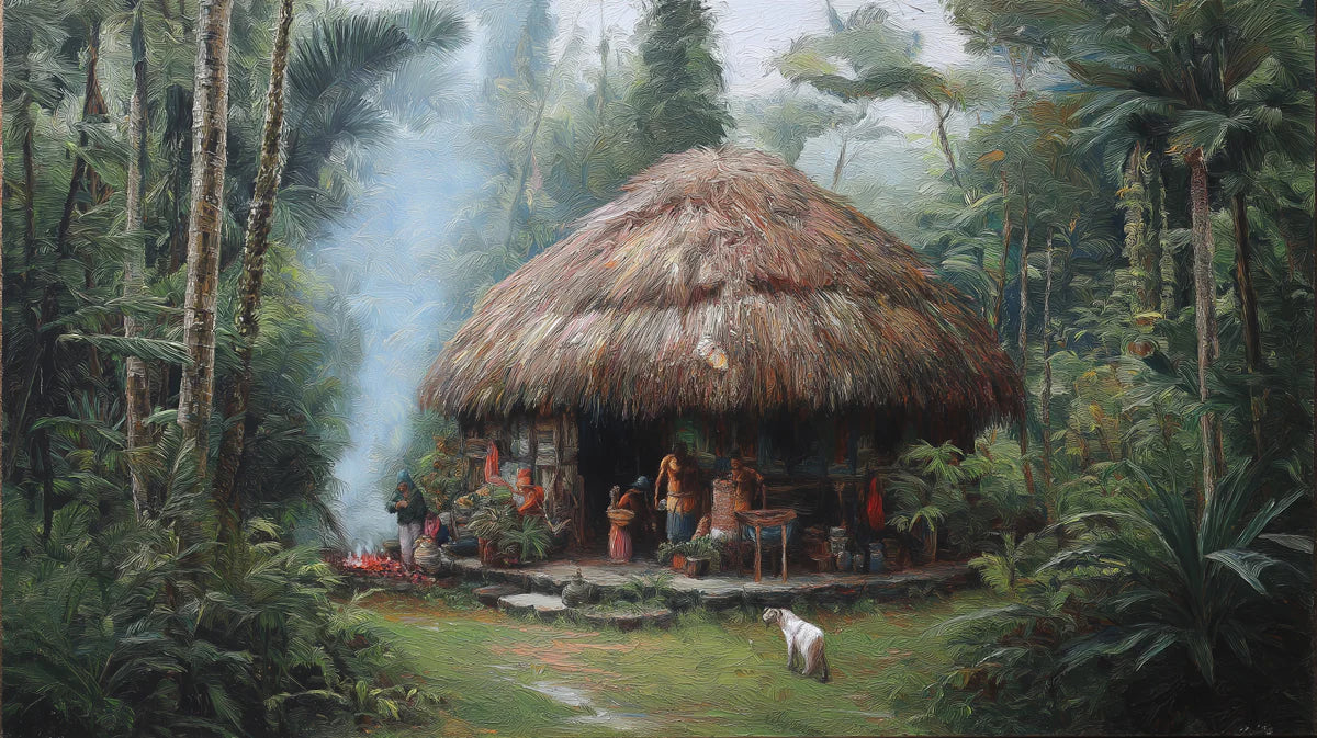 Rainforest Thatched Hut Mural Wallpaper — Impressionist Oil Painting Mural Wallpaper - room preview 04