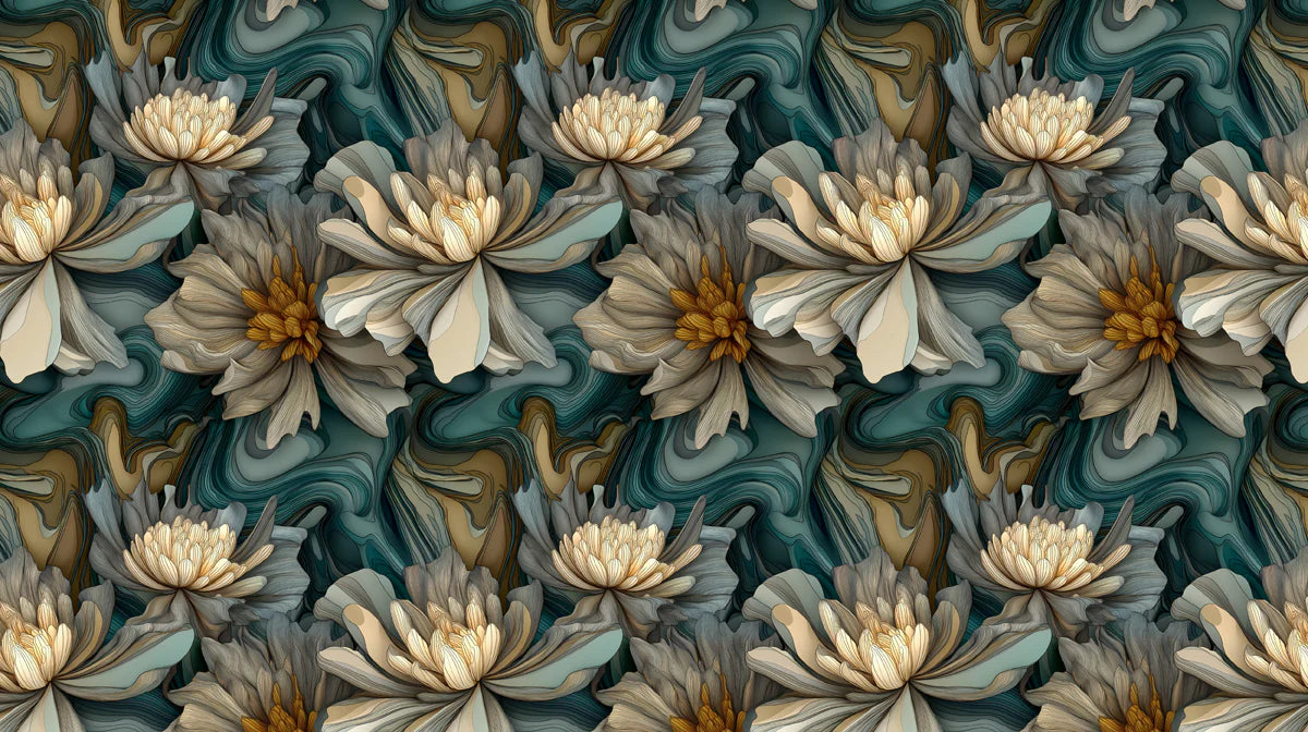 Abstract Swirling Peony Mural Wallpaper — Dark Teal and Gold Mural Wallpaper - room preview 04