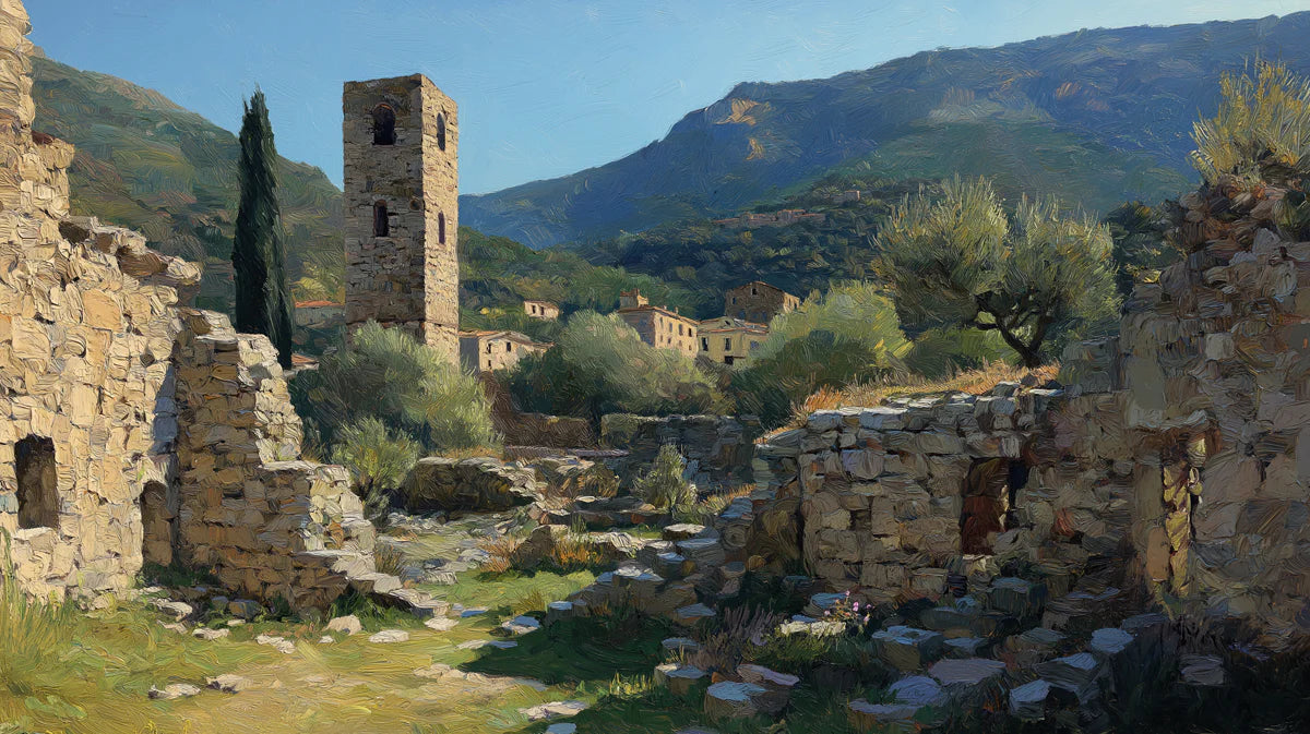 Mediterranean Stone Ruin Mural Wallpaper — Artistic Oil Painting Mural Wallpaper - room preview 04