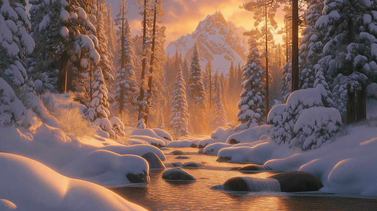 Snowy Mountain River Mural Wallpaper — Golden Sunset Winter Forest Mural Wallpaper - room preview 04