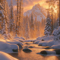 Snowy Mountain River Mural Wallpaper — Golden Sunset Winter Forest Mural Wallpaper - room preview 04