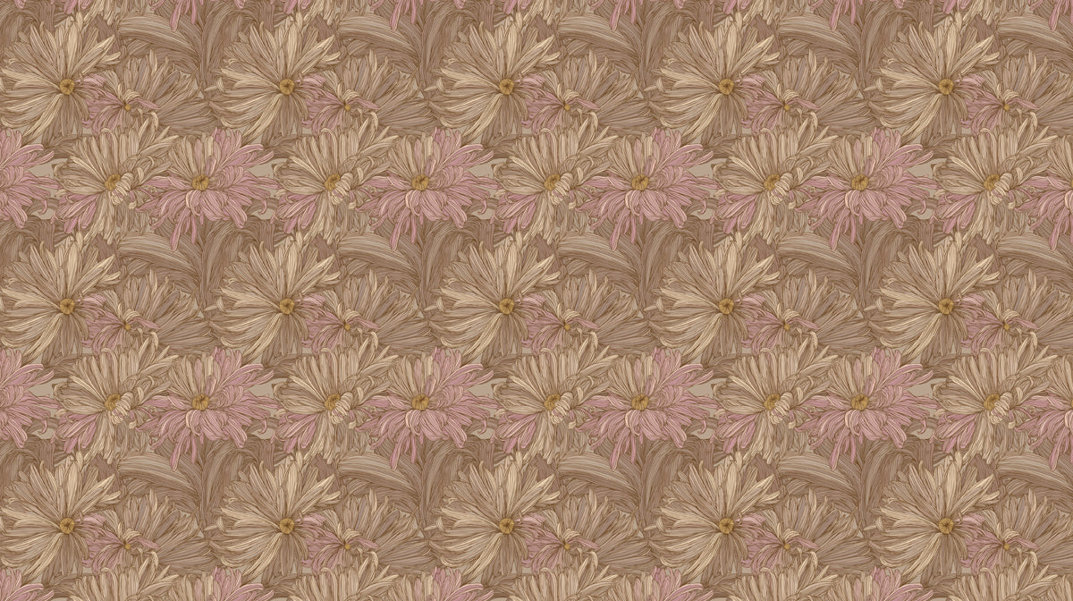 Vintage Chrysanthemum Mural Wallpaper — Warm Taupe and Blush Mural Wallpaper - room preview 04