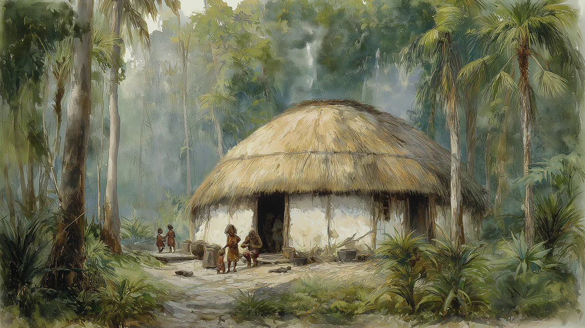 Jungle Hut Watercolor Mural Wallpaper — Artistic Cultural Scene Mural Wallpaper - room preview 04