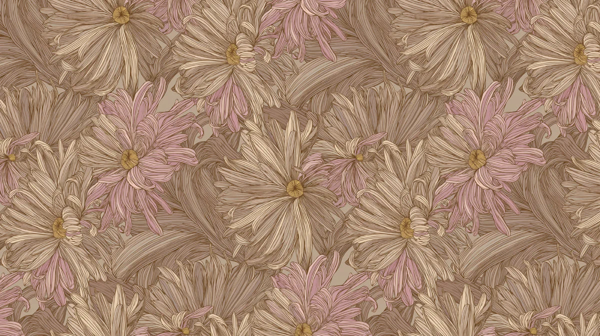 Muted Mauve Chrysanthemum Mural Wallpaper — Vintage Floral Sketch Mural Wallpaper - room preview 04