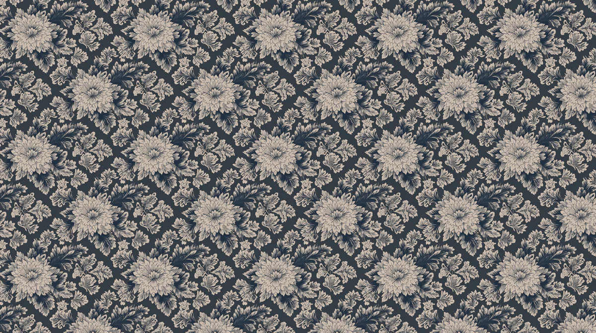 Vintage Peony Floral Mural Wallpaper in Navy and Beige Mural Wallpaper - room preview 04
