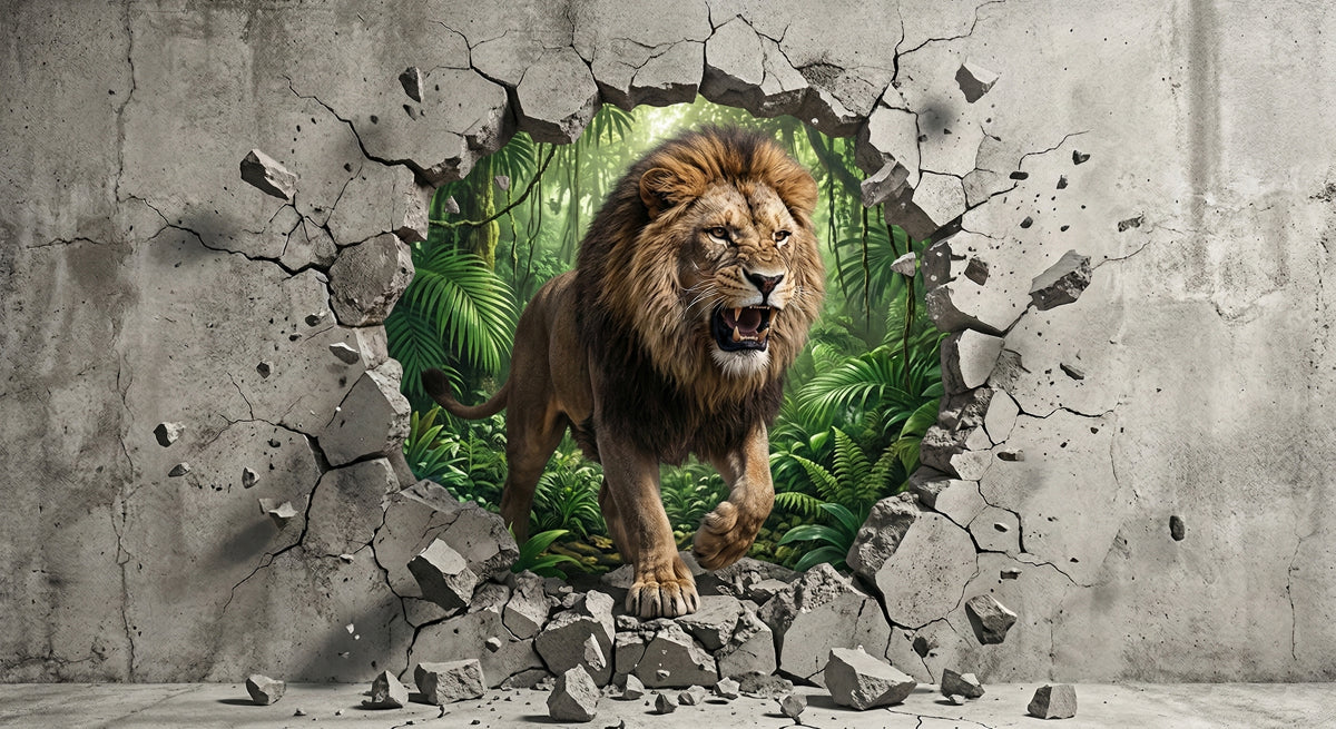 Roaring Lion Concrete Breach Mural Wallpaper — Realistic 3D Design Mural Wallpaper - room preview 04