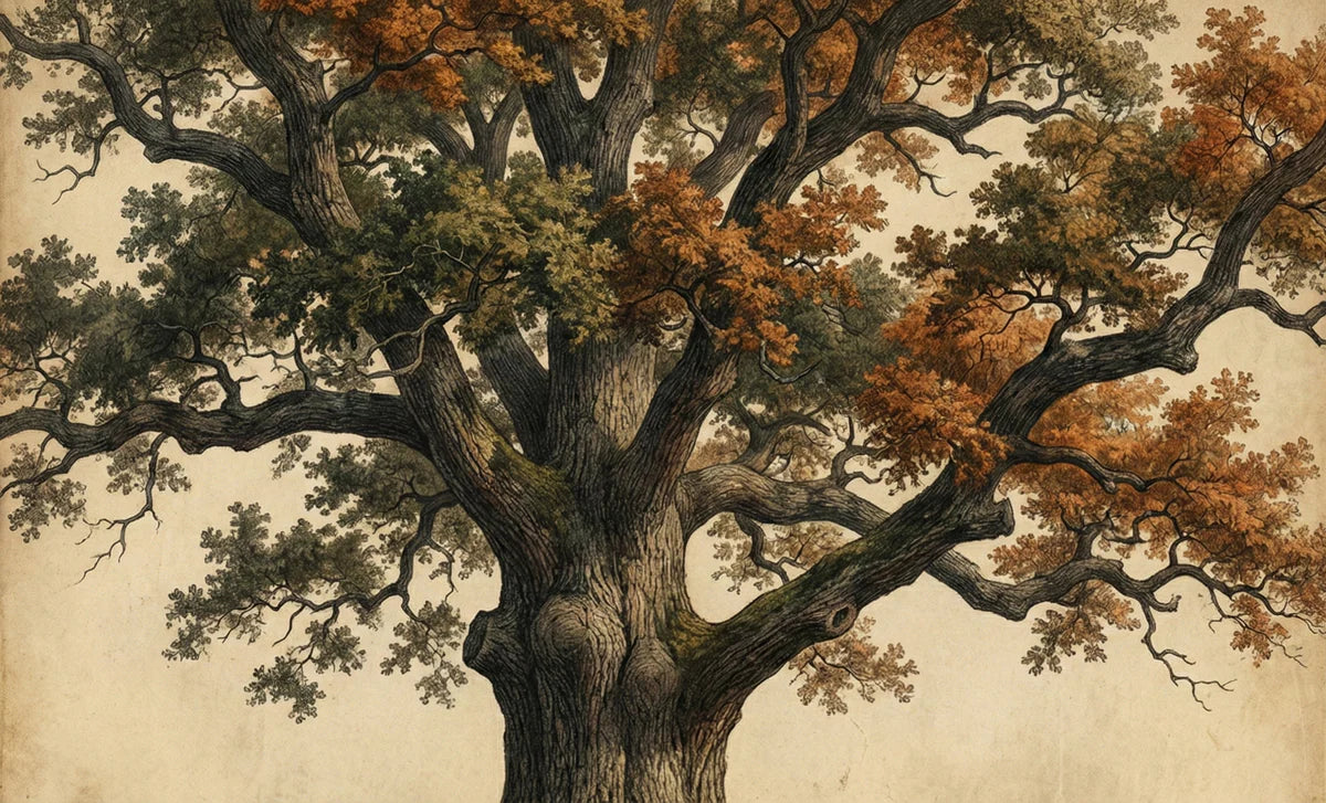 Ancient Oak Tree Mural Wallpaper — Vintage Botanical Engraving Mural Wallpaper - room preview 04