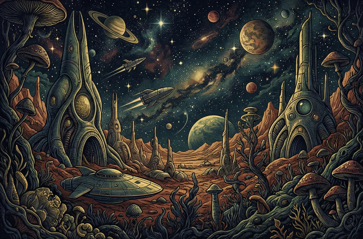 Retro Sci-Fi Planetscape Mural Wallpaper — Vintage Cosmic Art Mural Wallpaper - room preview 04