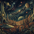 Retro Sci-Fi Planetscape Mural Wallpaper — Vintage Cosmic Art Mural Wallpaper - room preview 04