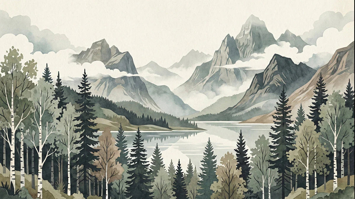 Misty Mountain Lake Mural Wallpaper in Watercolor Style Mural Wallpaper - room preview 04