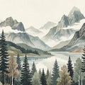 Misty Mountain Lake Mural Wallpaper in Watercolor Style Mural Wallpaper - room preview 04