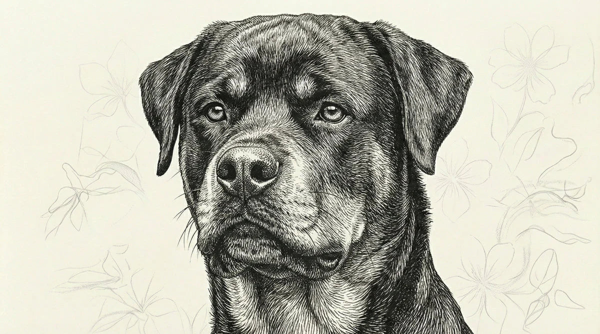 Rottweiler Portrait Mural Wallpaper — Fine Ink Line Art Mural Wallpaper - room preview 04