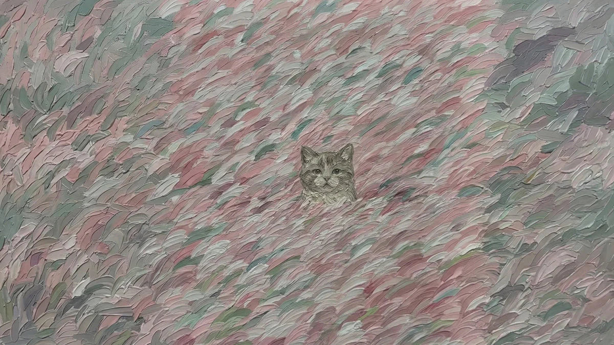 Cat in Impressionist Garden Mural Wallpaper — Soft Palette Art Mural Wallpaper - room preview 04