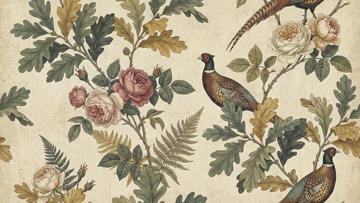 Pheasant and Heirloom Rose Mural Wallpaper in Heritage Palette Mural Wallpaper - room preview 04