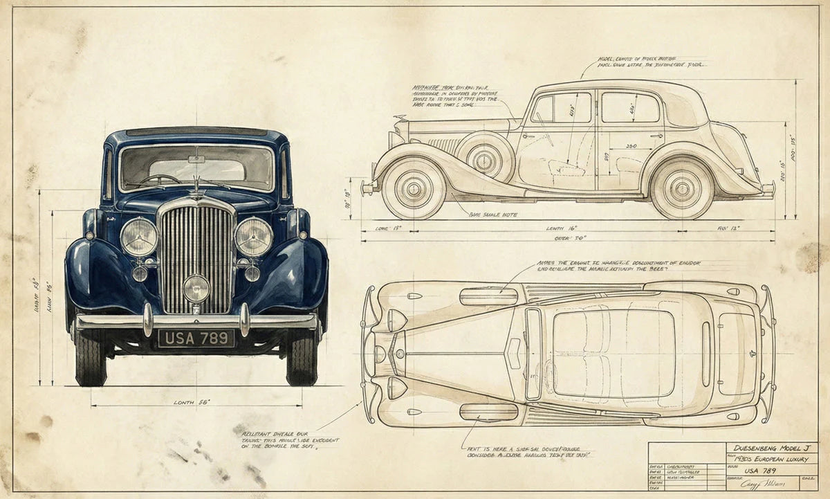 Vintage Automotive Blueprint Mural Wallpaper in Sepia and Navy Mural Wallpaper - room preview 04