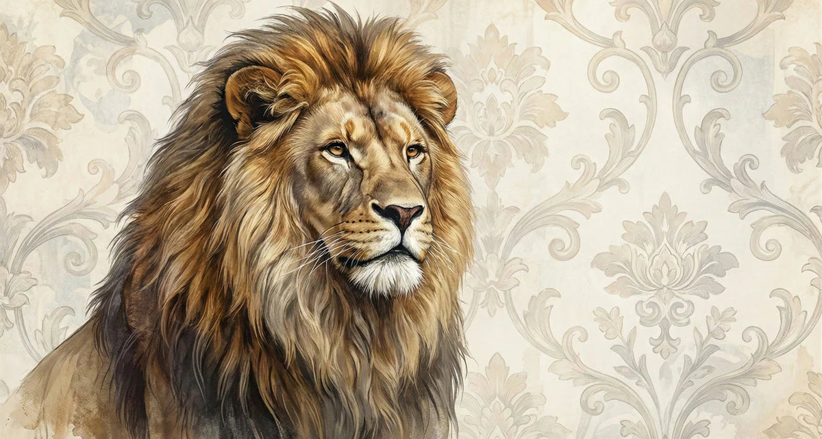 Regal Lion Portrait Mural Wallpaper — Baroque Damask Design Mural Wallpaper - room preview 04