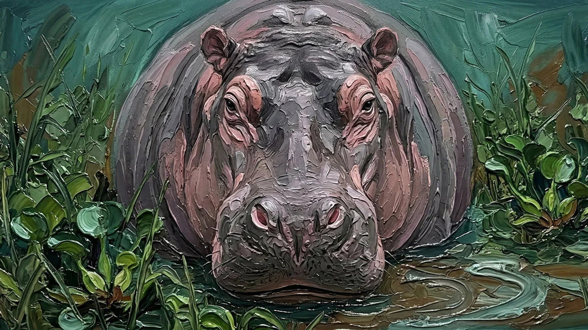 Impressionist Hippo Oil Painting Mural Wallpaper - room preview 04