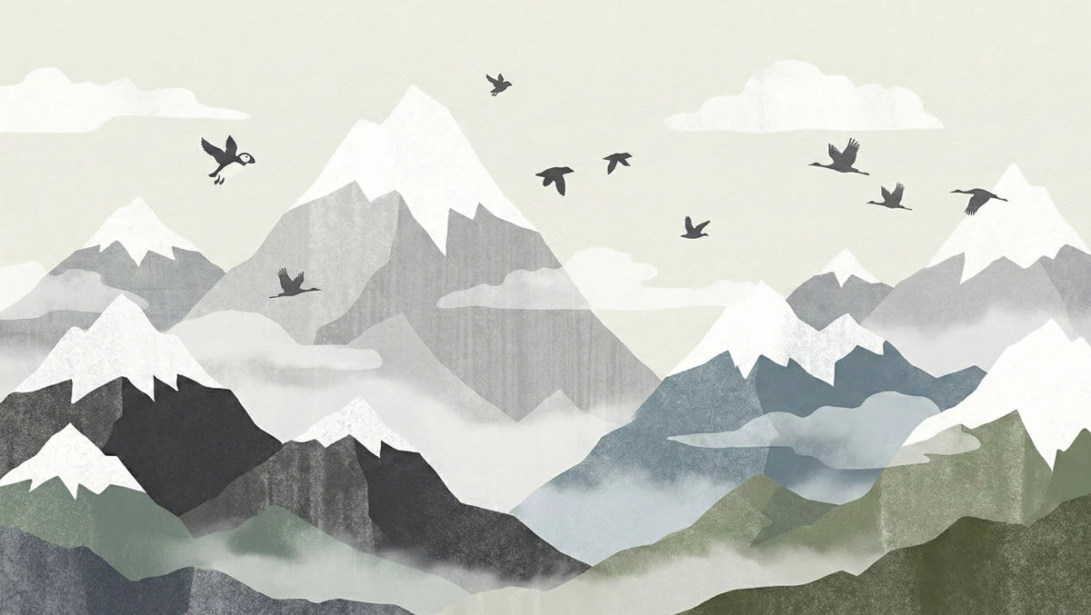 Minimalist Mountain Range Mural Wallpaper with Soaring Birds Mural Wallpaper - room preview 04