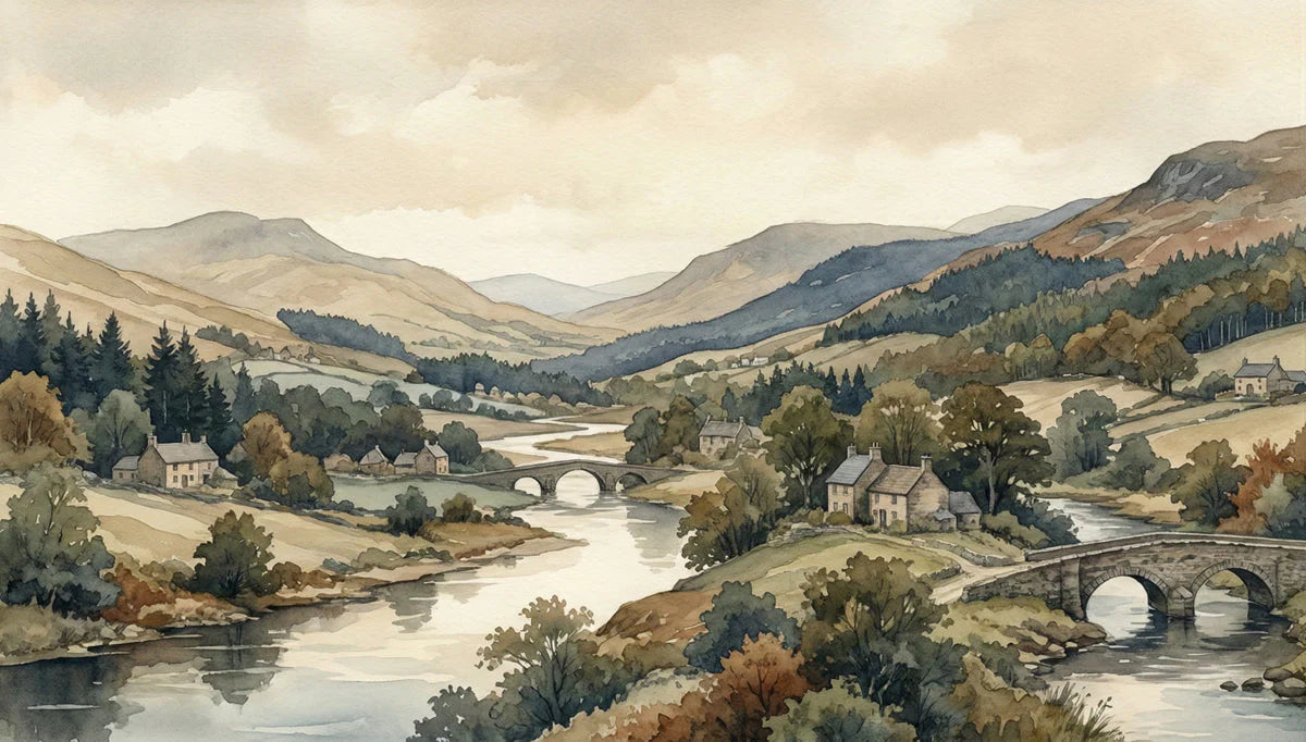 Countryside River Valley Mural Wallpaper — Watercolor Landscape Mural Wallpaper - room preview 04