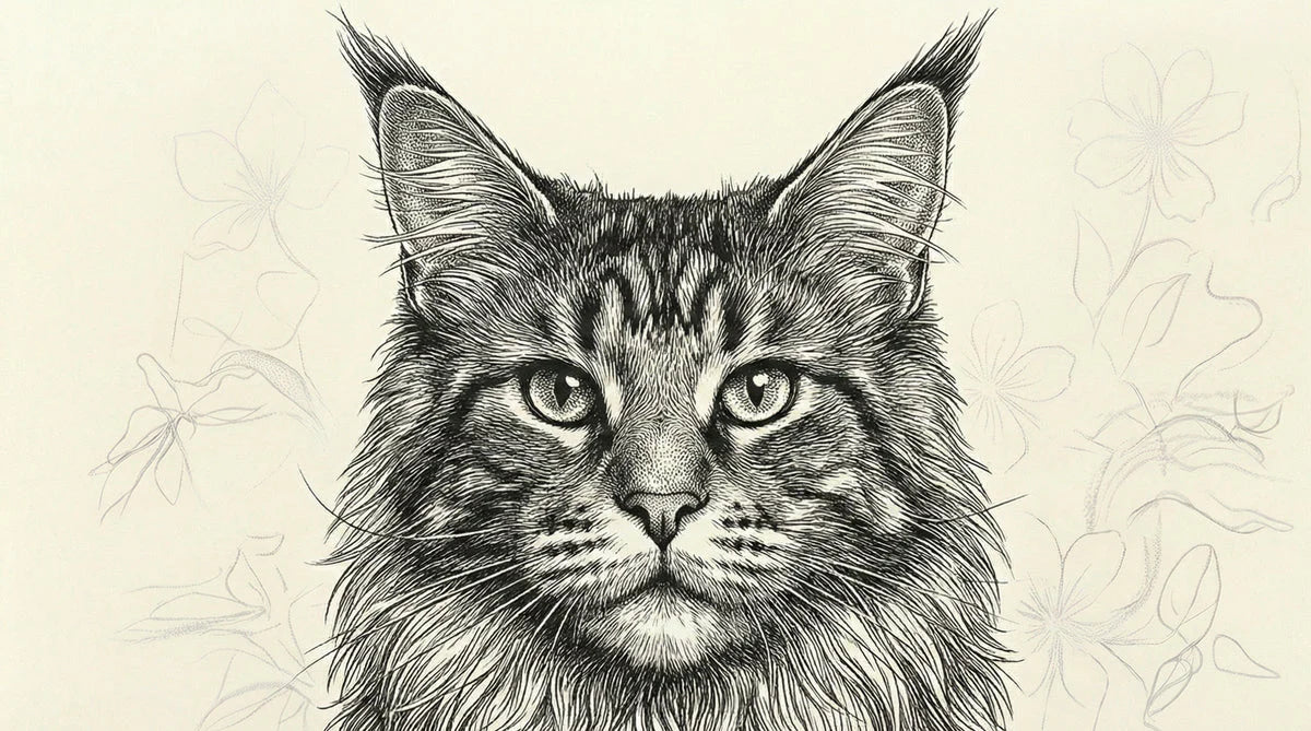 Maine Coon Portrait Mural Wallpaper — Fine Line Ink Illustration Mural Wallpaper - room preview 04